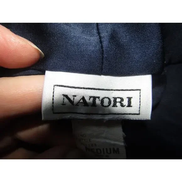 Natori Navy Floral Embroidered Kimono Robe Women's Medium Belted Satin Loungewea - Picture 6 of 9